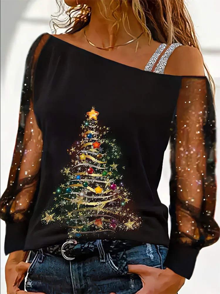 Sexy Womens T-shirt Shiny Solid Color Long Sleeves Fashion Mesh Splicing Sloping Shoulders Printed Tops Ladies Christmas Clothes