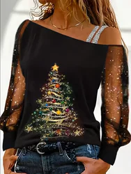 Sexy Womens T-shirt Shiny Solid Color Long Sleeves Fashion Mesh Splicing Sloping Shoulders Printed Tops Ladies Christmas Clothes