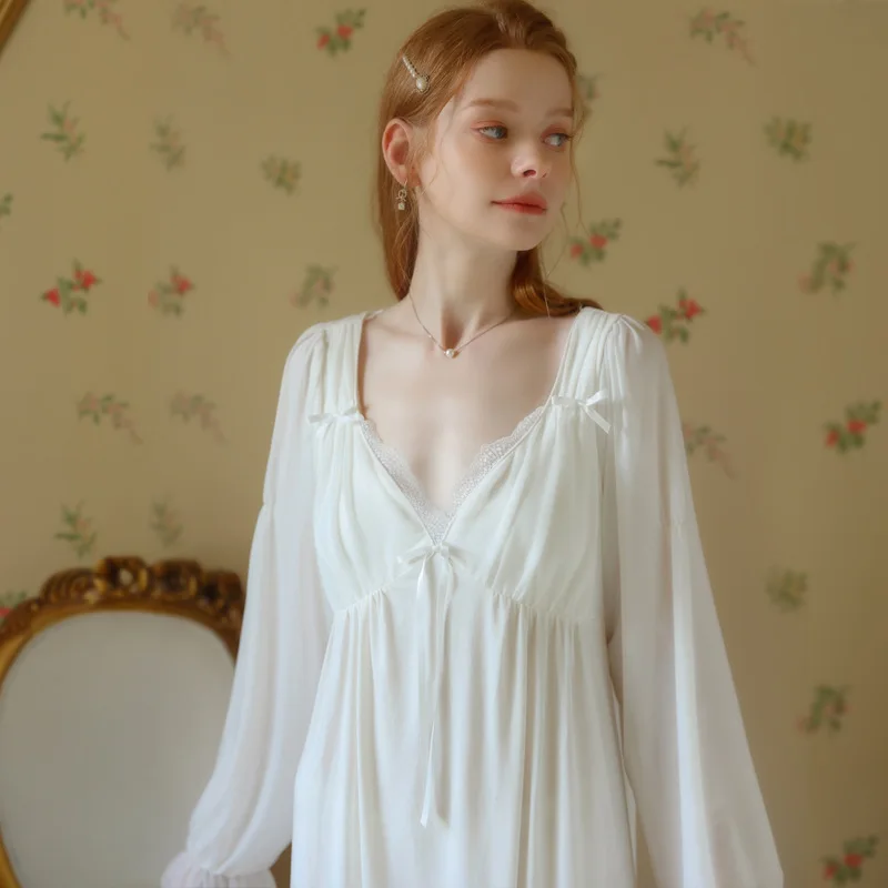 French Retro Princess Nightgown for Women, Long Sleeve Maxi Dress with Built-in Pads, Lace V-Neck Sexy Home Dress Loungewear.