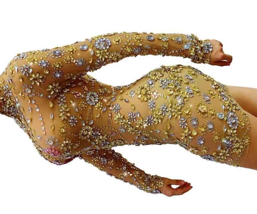 Sparkly Gold Women's Stage Show Dance Costume Sexy Party Evening Dress for Singer Club Bar DJ Events