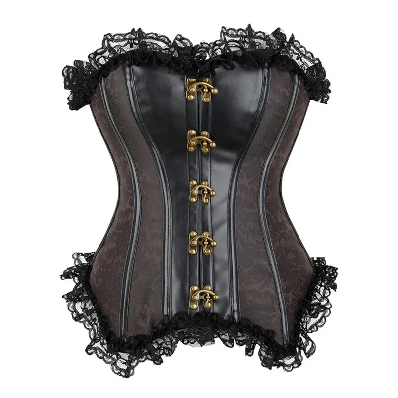 

Deep Brown Lace lace Gothic Vintage Corset Top for Women Steampunk Jacquard Faux Leather Basque Cosplay Halloween Rave Costume