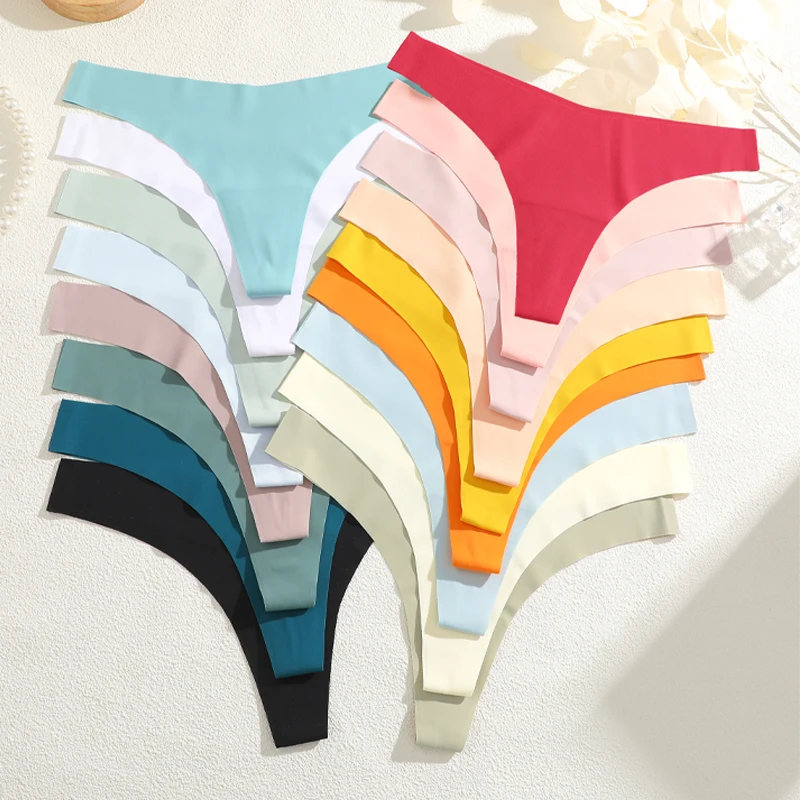 FINETOO 8Pcs/Set Traceless Ice Silk Underwear For Women Solid Color Breathable T-Back Thongs Ladies Low Waist Intimates Lingerie - Image 2