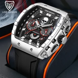 LIGE Brand Man Watch Skeleton Skull Dial Sport Army Watches for Men Casual Fashion Luxury Waterproof Quartz Clock Wristwatch+Box