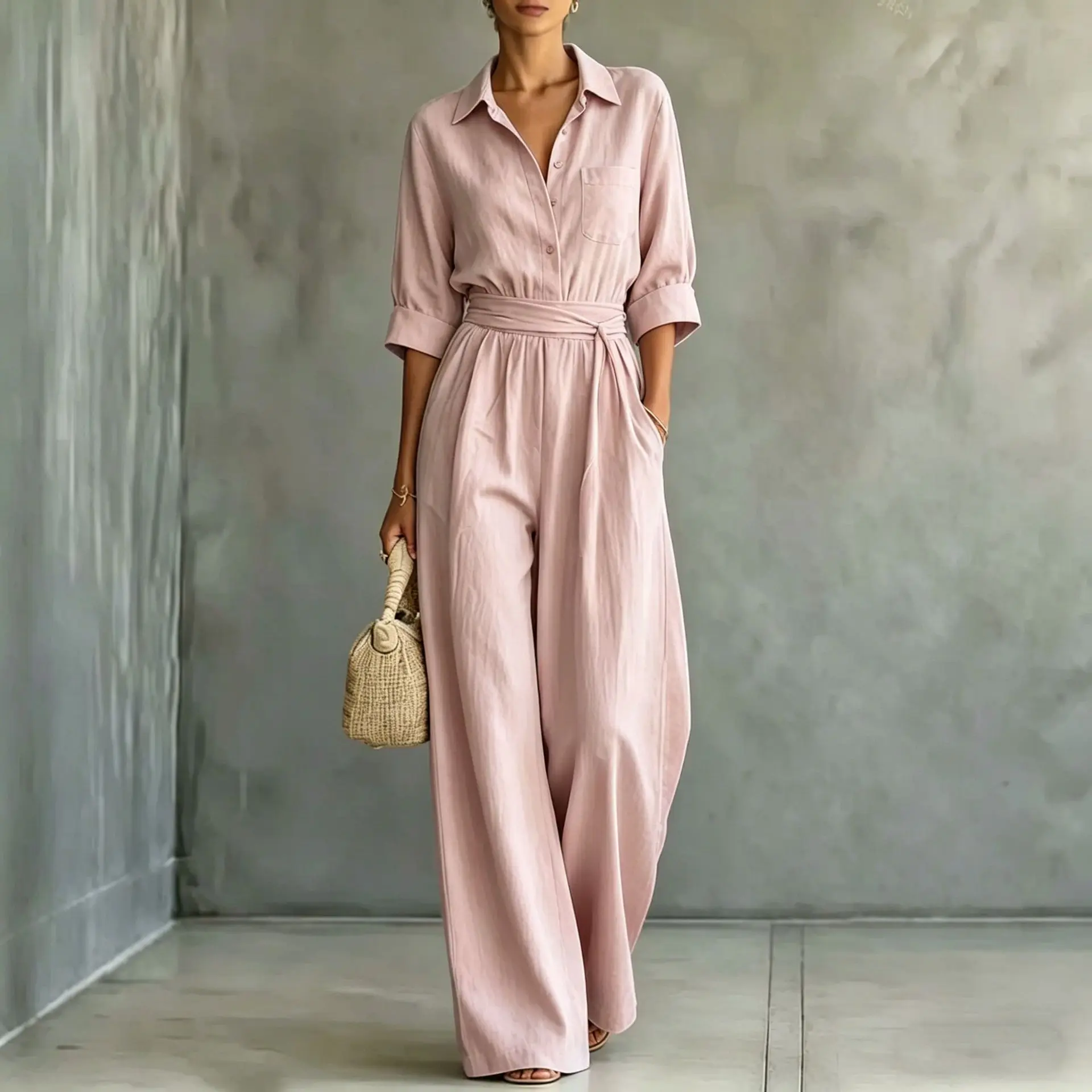 Women's Elegant Linen Blend Jumpsuit Collar Neck 3/4 Sleeve with Waist Tie Belt & Pockets One Piece Outfit Women