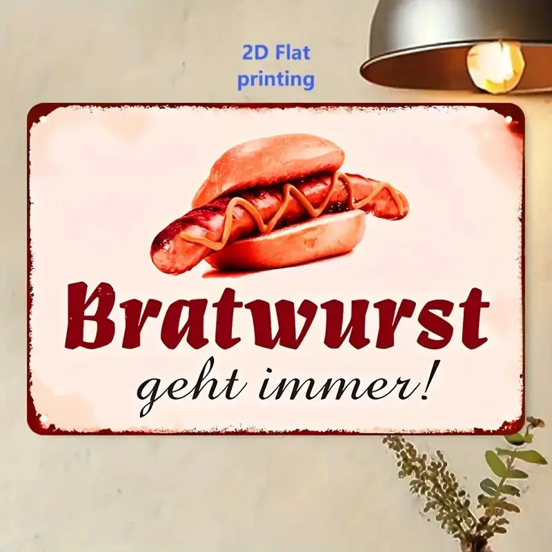 2D Flat, [2D Flat]2D Flat Decorative Sign, Metal Wall Art Featuring German Bratwurst- Sturdy Vintage Pink Bavarian Decor with Pr