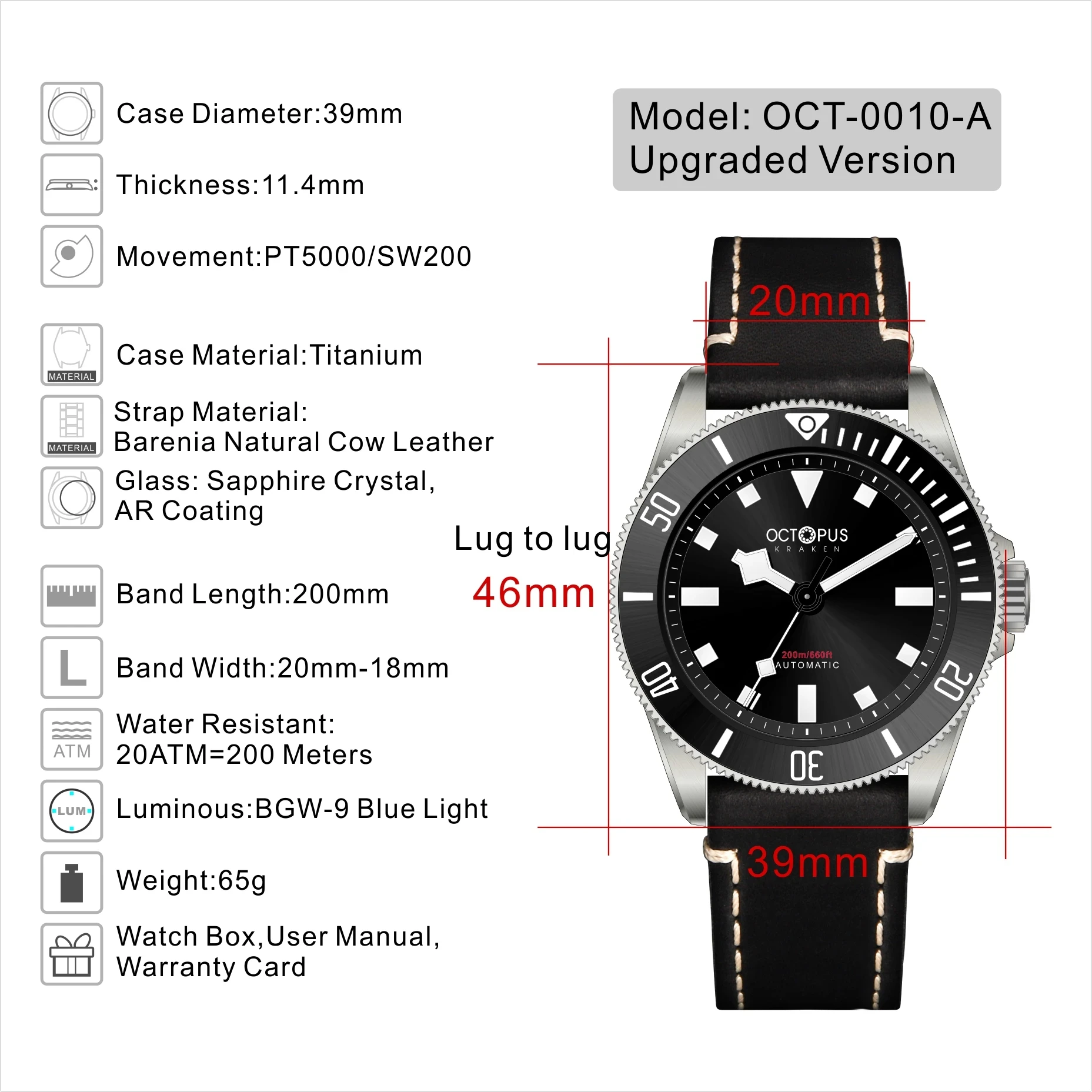 Octopus Kraken 39mm Titanium Alloy Business Men's Automatic Mechanical Watch Luxury Sapphire Stainless Steel 20Bar Waterproof Lu