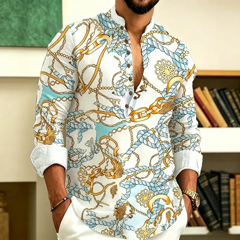 New Men's Printed Long-Sleeve Shirt Casual Menswear