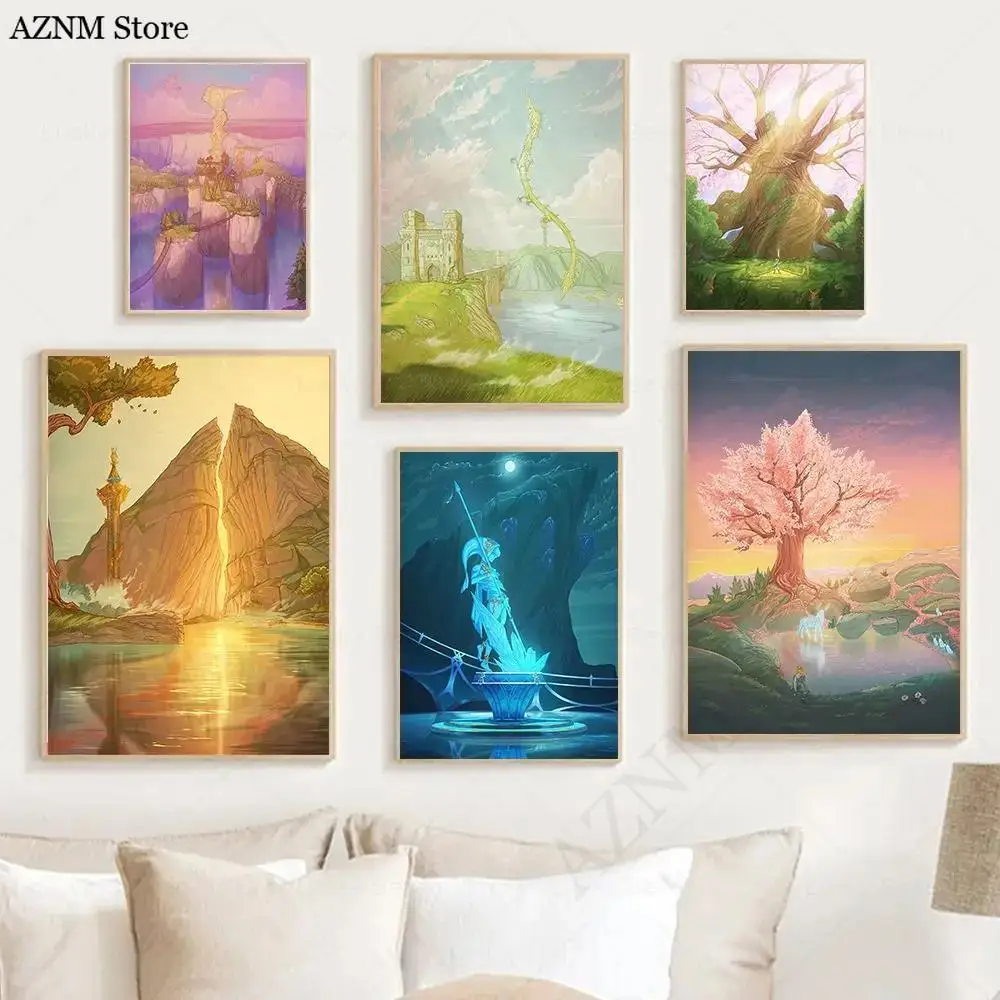 Hyrule Village Canvas Painting  Zelda Travel Anime Landscape Posters  Prints  Breath of the Wild Wall Art for Living Room Home D