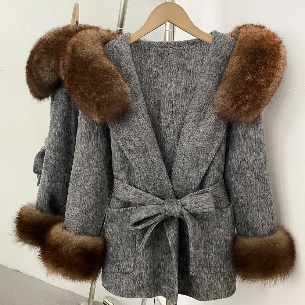 OFTBUY Winter Warmer Dicker Modischer Wollmantel Neuer Eleganter Taillierter Wollmantel für Damen mit Echtem Pelzkragen und Kapuze – Detail 12
