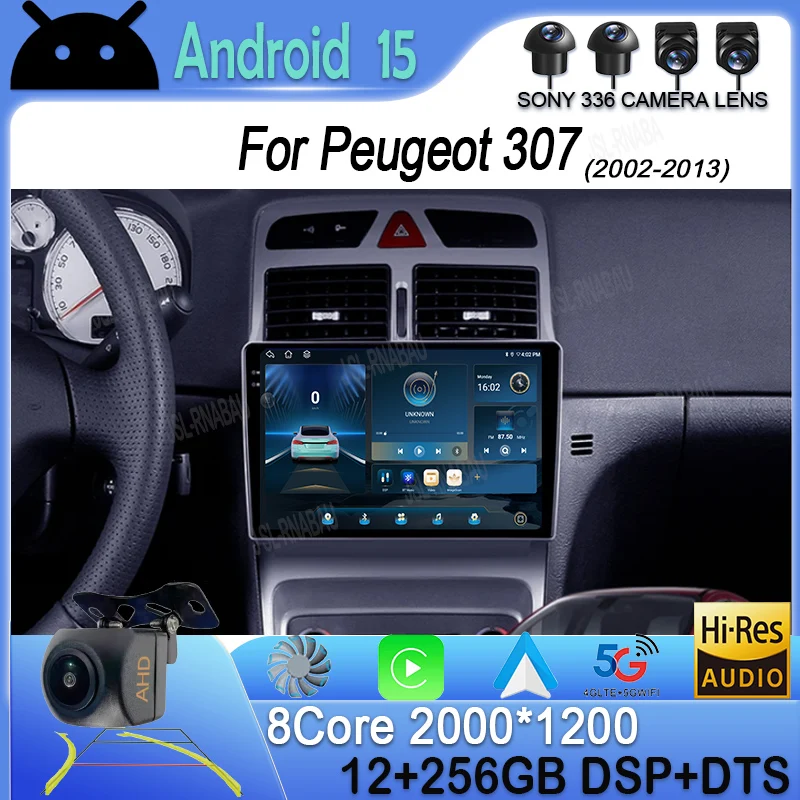 Android 15 Carplay Auto 4G+WIFI 2din Car Radio For Peugeot 307 2002-2013 Multimedia Video Player GPS Navigation Head Unit Stereo