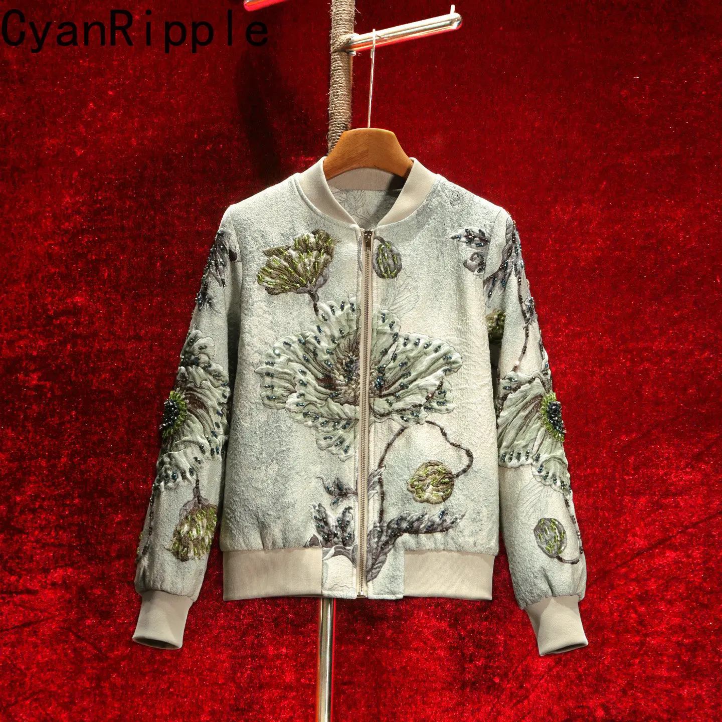 High Quality New Autumn Vintage Jacquard Stand Collar Women Varsity Jacket Elegant Luxury Diamonds Beading All-match Casual Coat