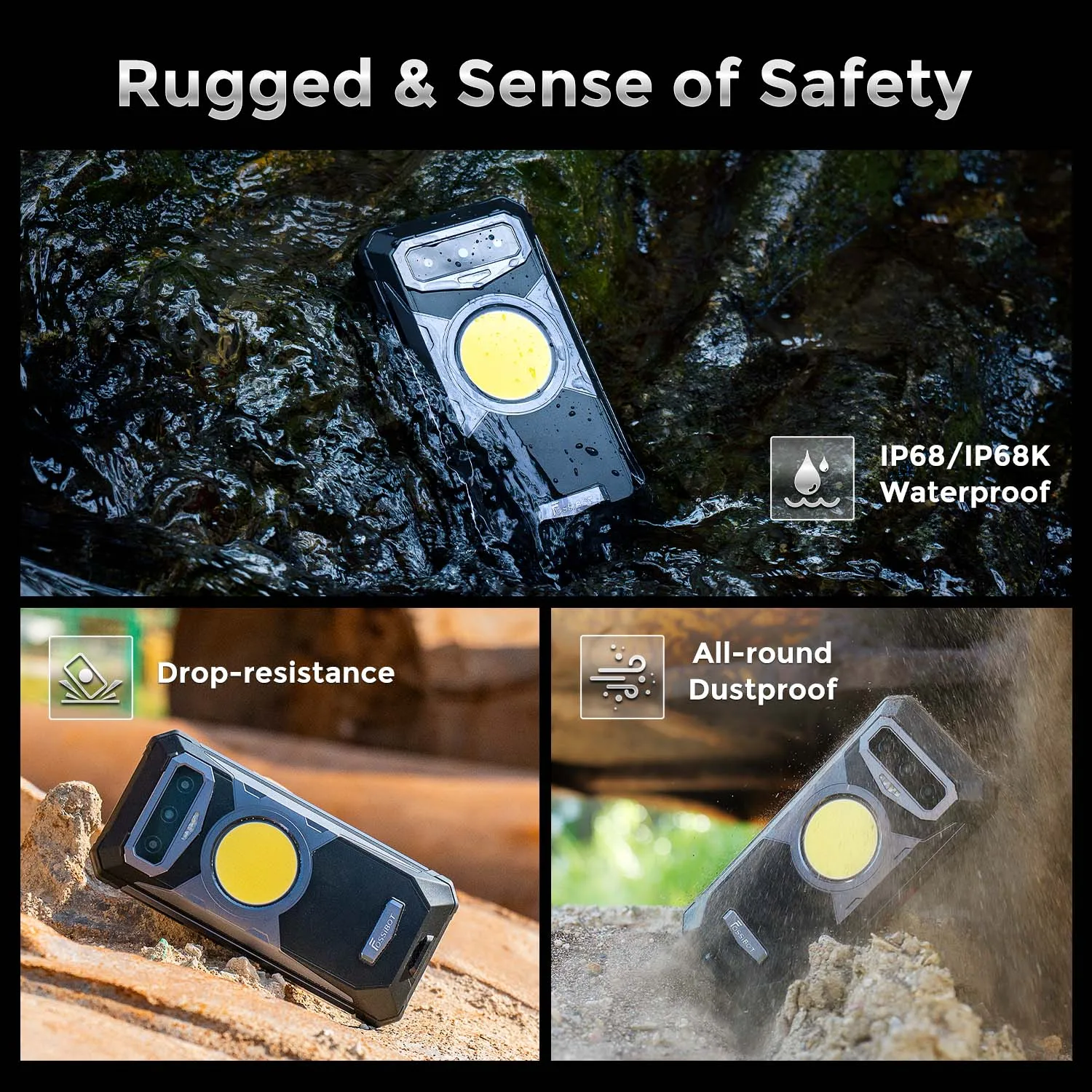 FOSSiBOT F102 Rugged Mobile Phone Android 13 Camping Light IP68&IP69K Waterproof 16500mAH 6.58\'\' FHD+120hz 32MP +108MP Camera