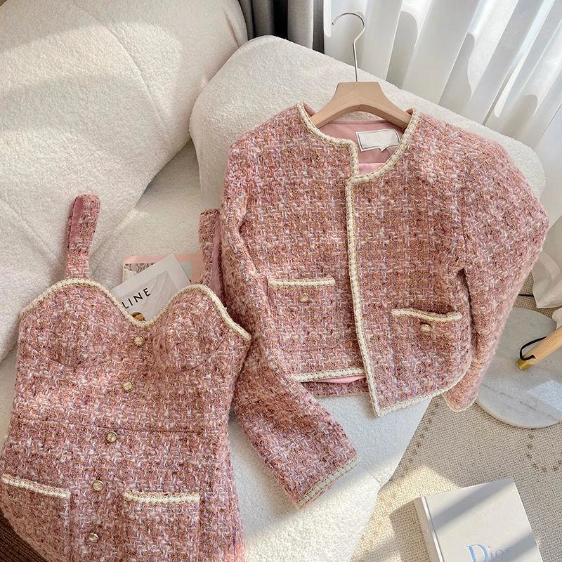 

Fashion Elegant Women Autumn Winter New Small Fragrance Vest Slim Sling Dress Mini O Neck Pink Tweed Jacket Cropped 2-Piece Sets