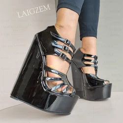 LAIGZEM Women Wedges Sandals 5CM Platform 20CM Steep High Heels Peep Toe Pumps Fetish Cosplay Lady Shoes Woman Big Size 42 45 47