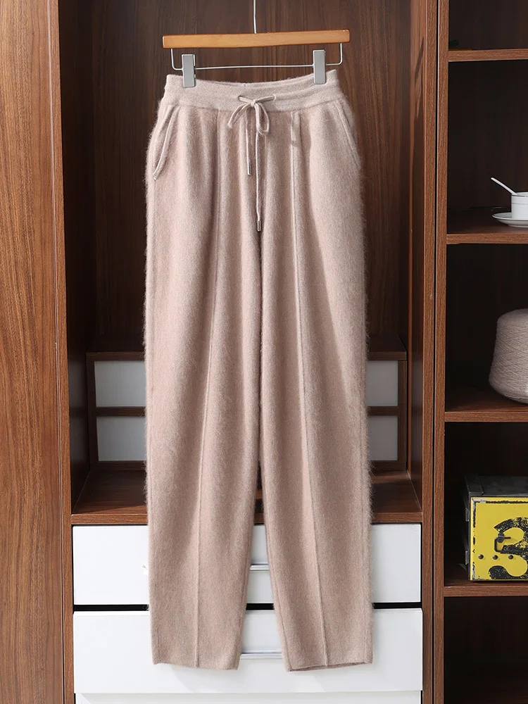 

100% Mink Cashmere Solid Basic Elastic Waistband Trousers Pull The Drawstring Comfort Soft Warm Autumn Winter Men's Pants