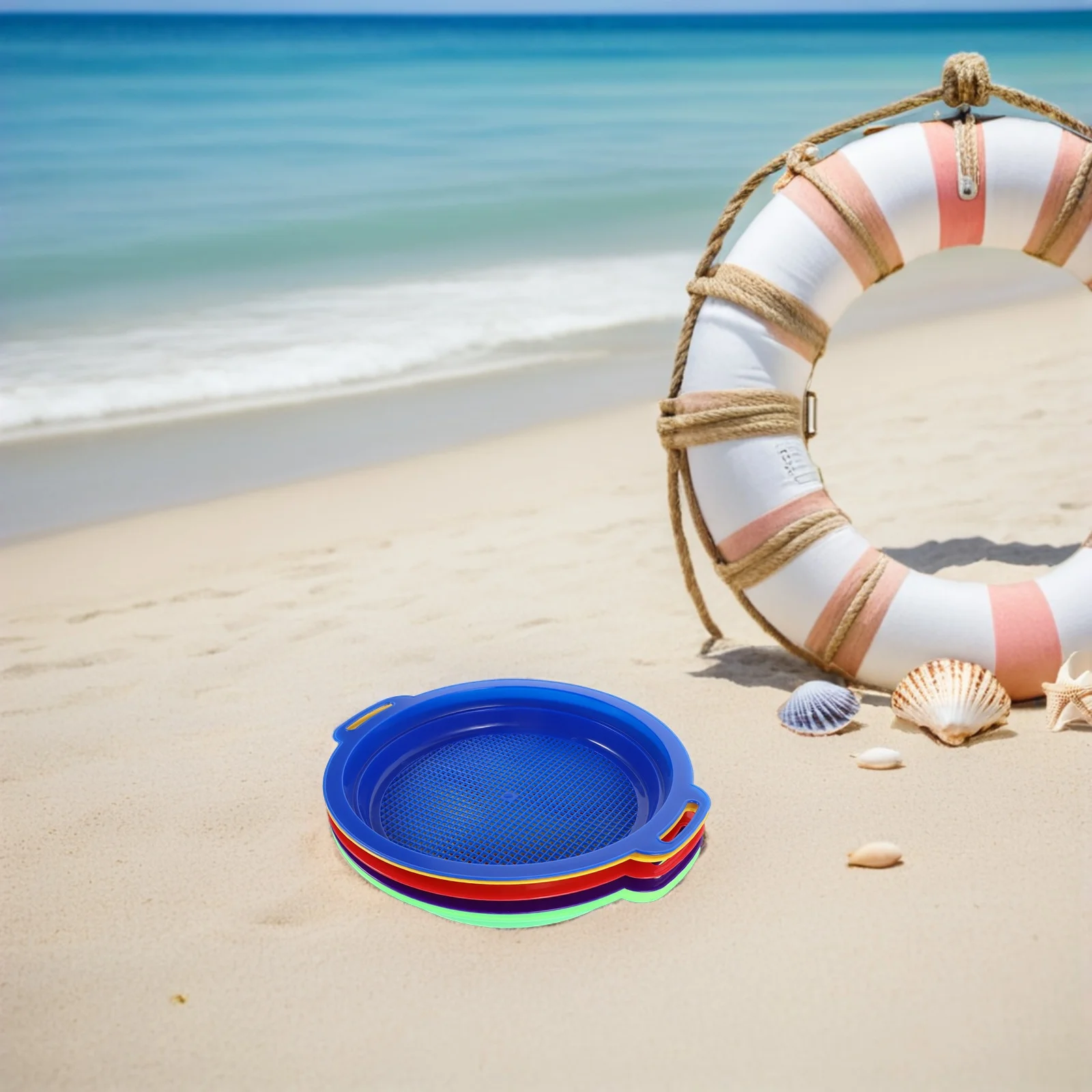 5 قطع من ألعاب رمل الشاطئ: منخل رمل للأطفال، أدوات صيد على شكل صدفة رمل للأطفال الصغار، لعبة صيفية خارجية للسفر وحمام السباحة والشاطئ