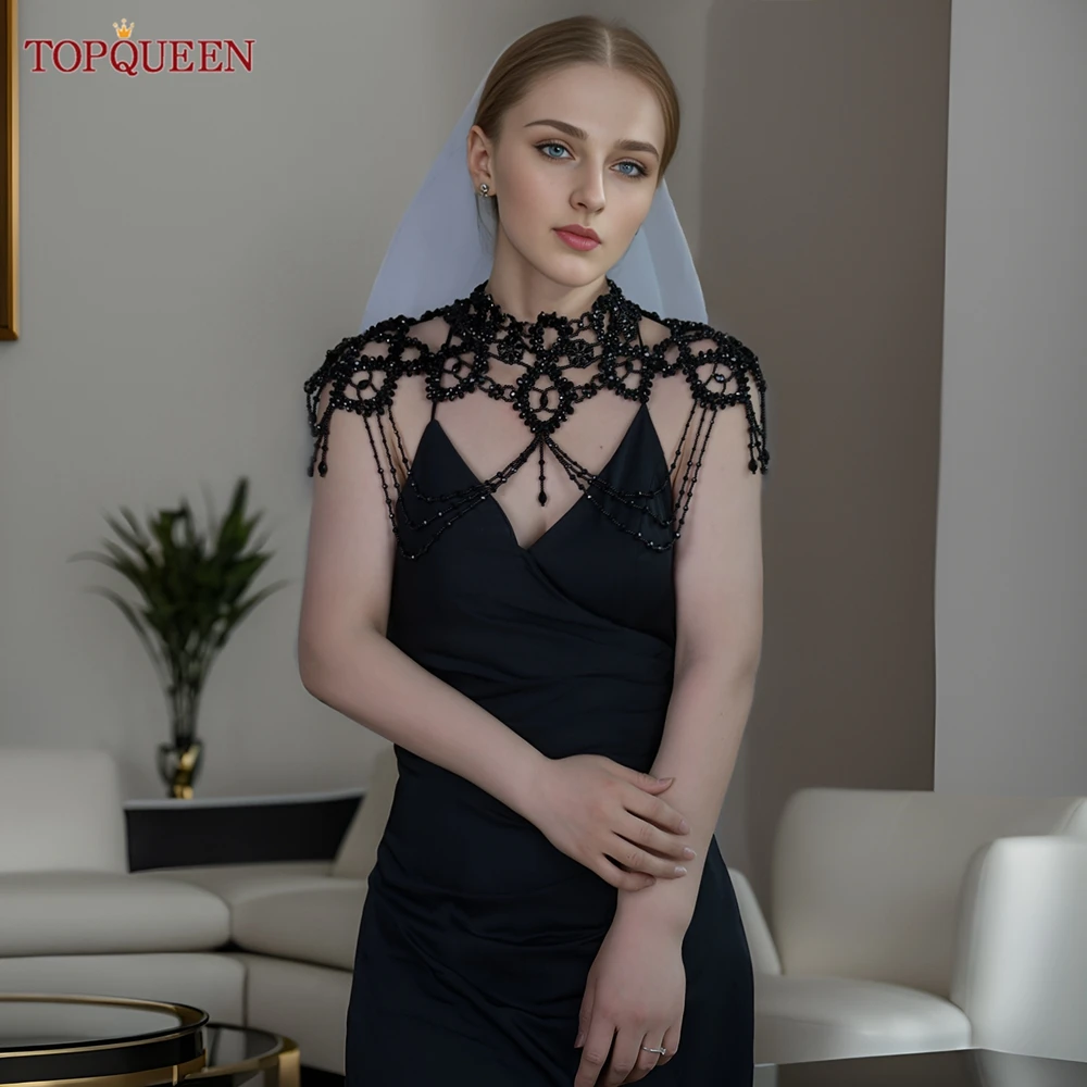 TOPQUEEN G09 Black Crystal Bridal Top Wedding Bolero Jewelry on Shoulder Cover Wedding Stoles Wraps Woman's Elegant Jacket DIY