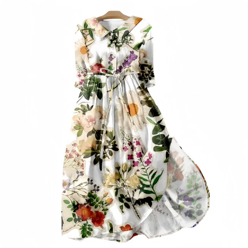 Grils V-neck Knee-length Button Floral Printed Dress Mid-length Sleeve Flower Floral Dress Field Style For Women