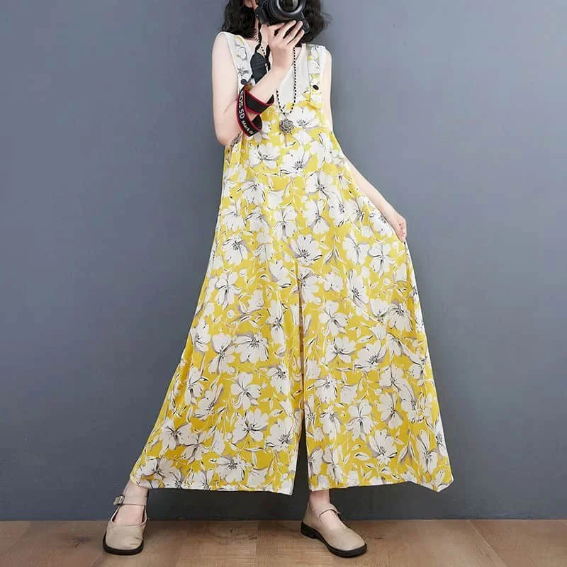 Kombinezony w kwiaty dla kobiet Ponadgabarytowy jednoczęściowy strój damski Harajuku Luźne koreańskie spodnie z szerokimi nogawkami Casual Vintage Playsuits