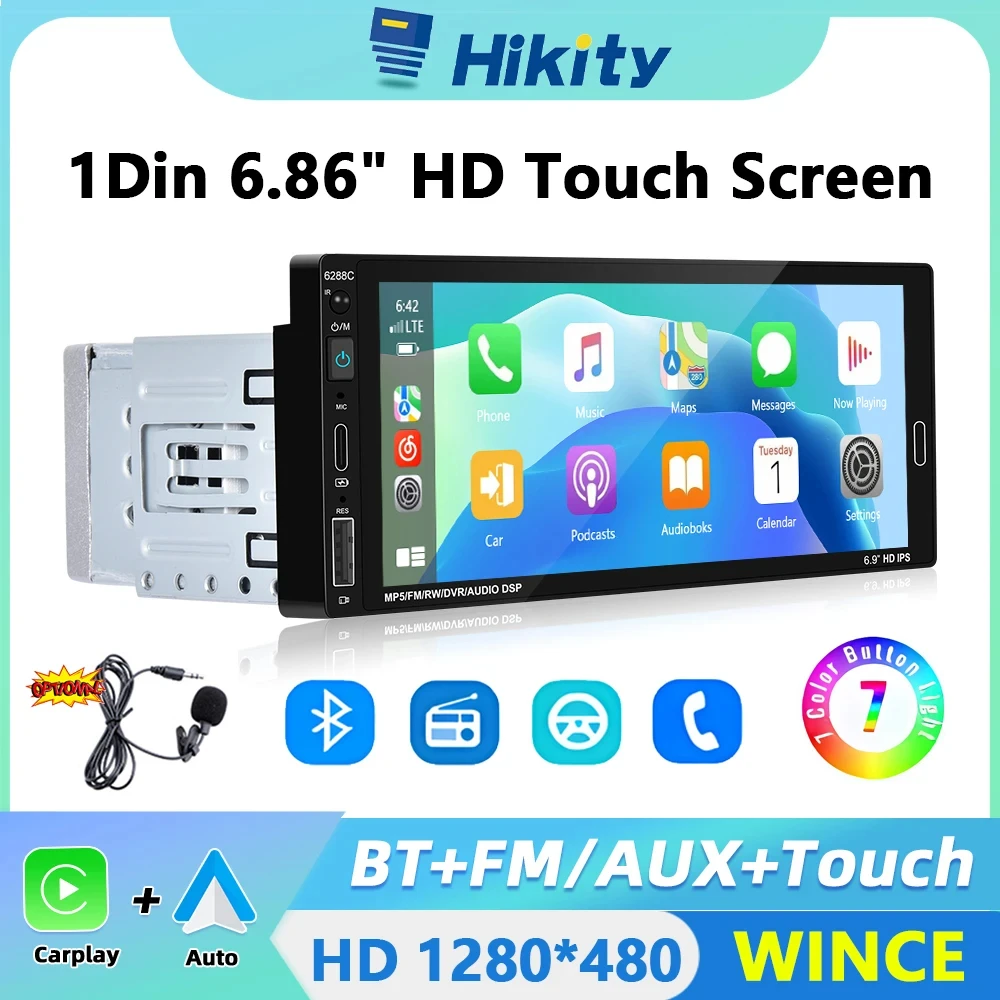 Hikity 6.86" Car Radio 1din autoradio Stereo Carplay Android Auto Navigation Player TF USB Rear Camera FM Radio Receiver