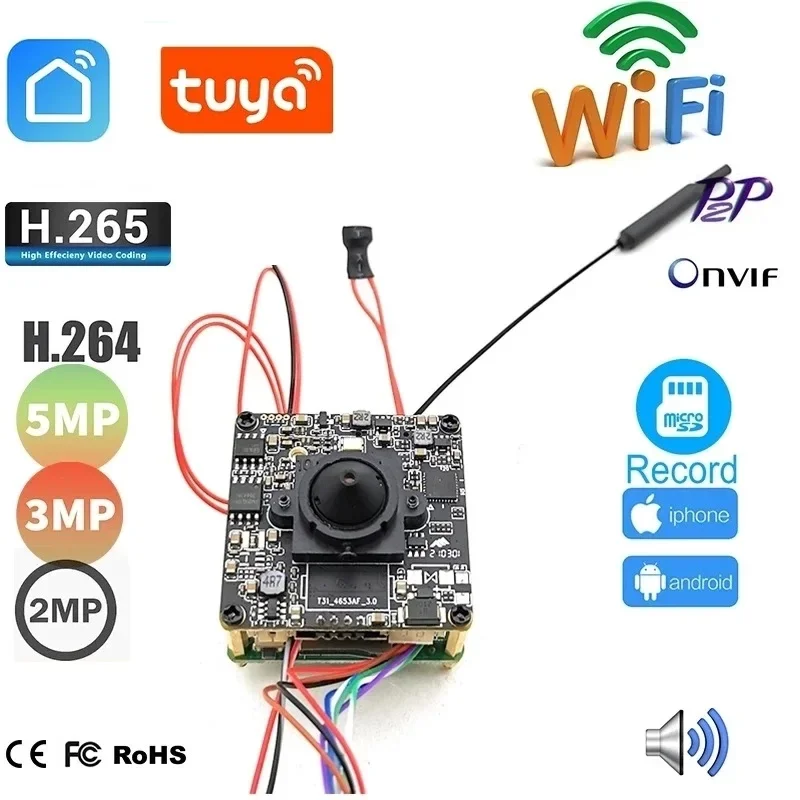 Tuya APP WiFi IP Camera Module Size 38*38mm 2MP 5MP HD 2-way Audio CCTV Surveillance Smart Life Mini Security Cam TF Card Slot