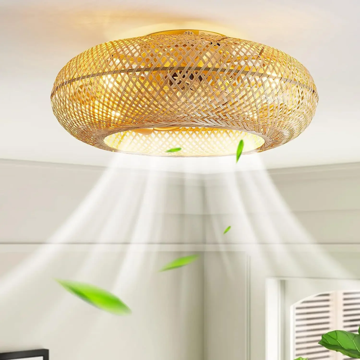 

New Bedroom Dining Room Bird Cage Ceiling Fan With Lamp Vine Invisible Ceiling Fan Bamboo Weaving Fan Light Variable Frequency