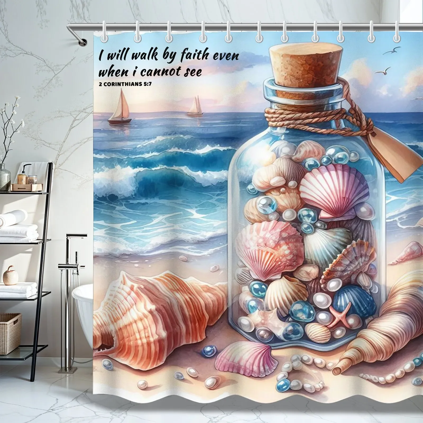 

Занавеска для душа с океанской тематикой — ракушки и пляжная бутылка, вдохновляющая цитата, идеально подходит для любителей океана, художественный декор для ванной комнаты