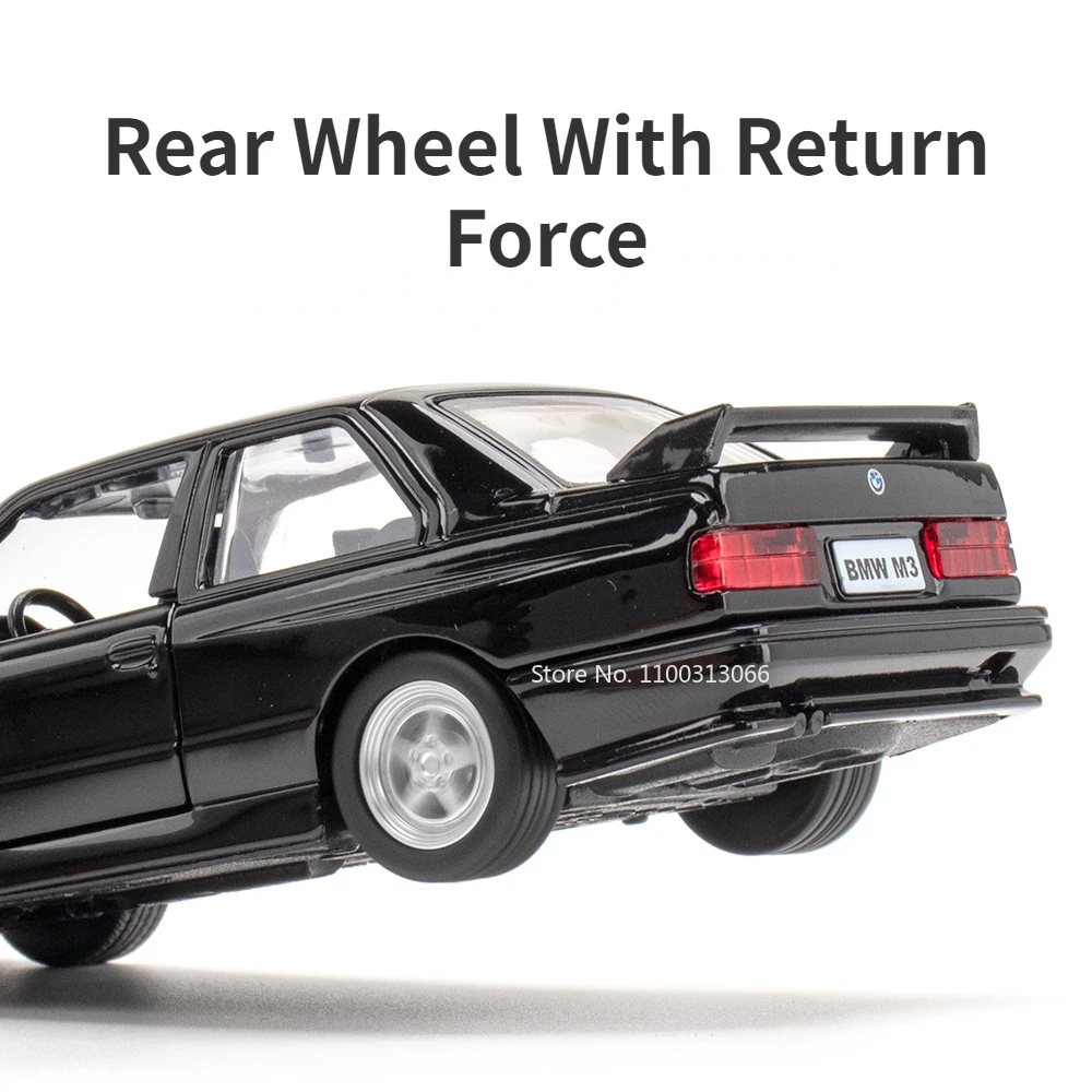 Modelo de coche de aleación BMW M3 1987, juguete fundido a presión, neumáticos de goma, rueda extraíble, vehículos abiertos de 2 puertas, regalos de cumpleaños para niños, 1:36