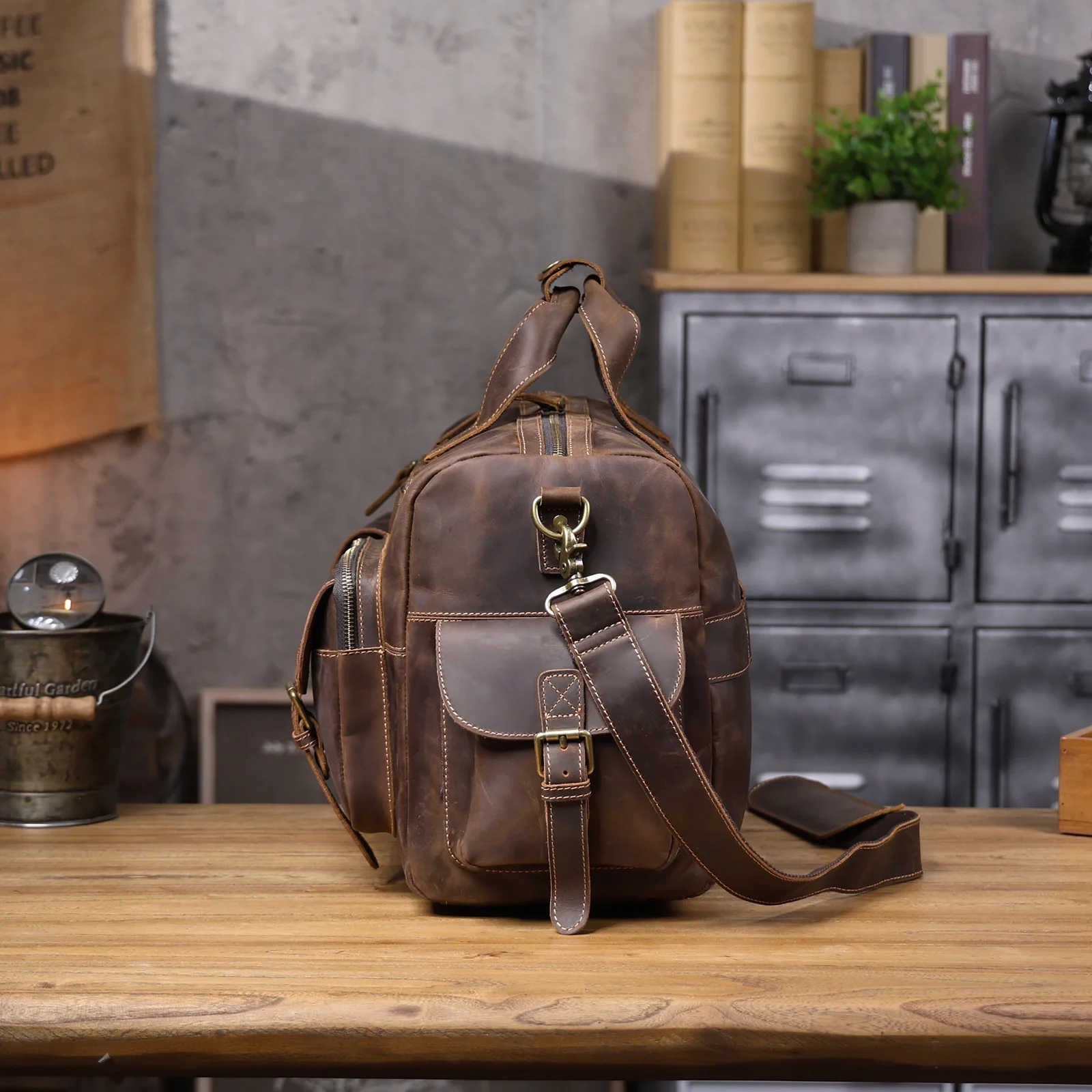 S.WORKER Vintage Vollnarbiges Rindsleder Reisetasche Große Kapazität Handgepäck Echtleder Weekender-Tasche – Detail 9