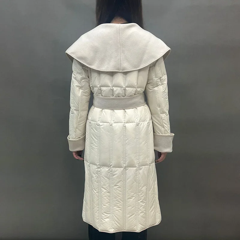 Women's Winter Wool Down Coats Fashion White Duck Down Long Outerwear With Real Wool