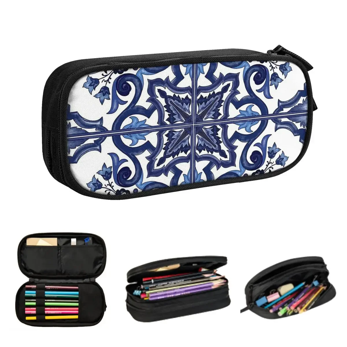 Blue Ornate Floral Mediterranean Sicilian Tile Pencil Cases Large Capacity Pen Bags Pen Box Pencil Pouch For Boys Girls Students