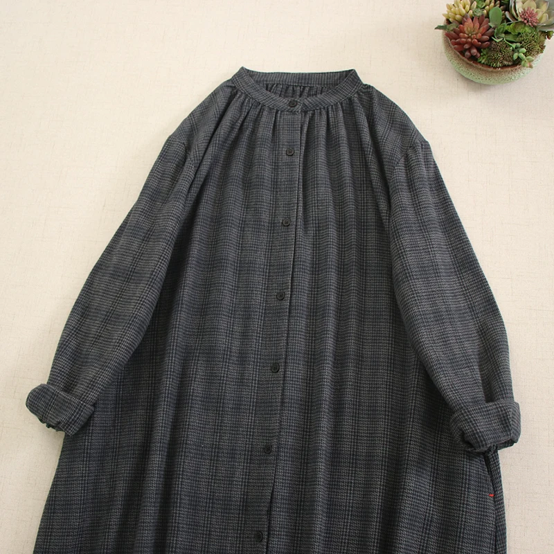 Japanese Mori Girl Vintage Plaid Loose Cotton Dress Women Autumn Winter O-Neck Long Sleeve Casual Single Breasted Midi Dresses