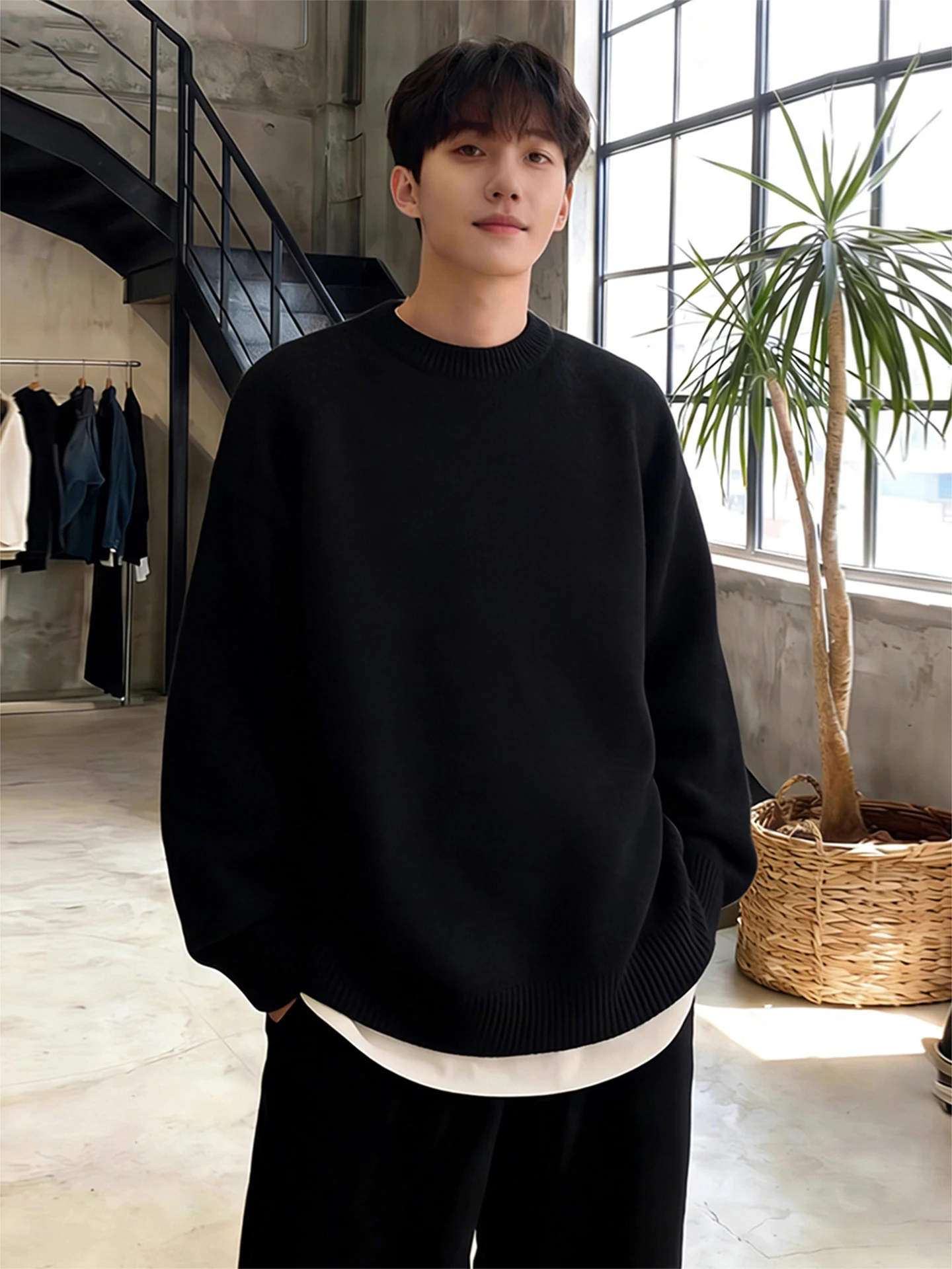 

Мужской черный флисовый джемпер Cleanfit с круглым вырезом, теплый, свободного кроя, удобный, повседневный стиль, с длинным рукавом, для ношения под одеждой