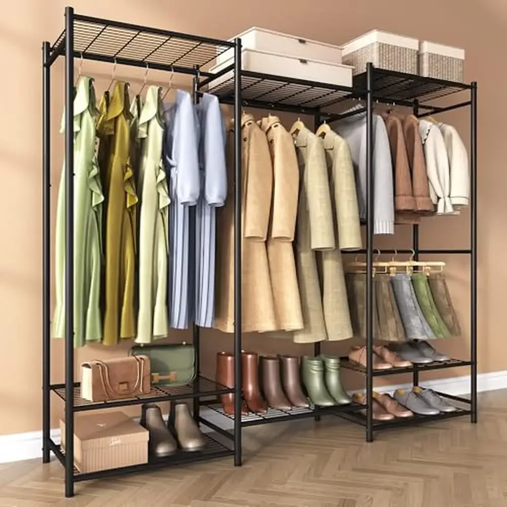 Portable Heavy Duty Metal Clothes Rack with 4 Hanging Areas and 8 Foldable Shelves Storage Open Design Wardrobe Closet Organizer