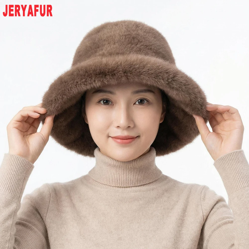 Women Brown Faux Fur Bucket Hat, Soft Fluffy Wide Brim Winter Fisherman Cap, Warm Ladies Hat, 55‑60cm Head Circumference