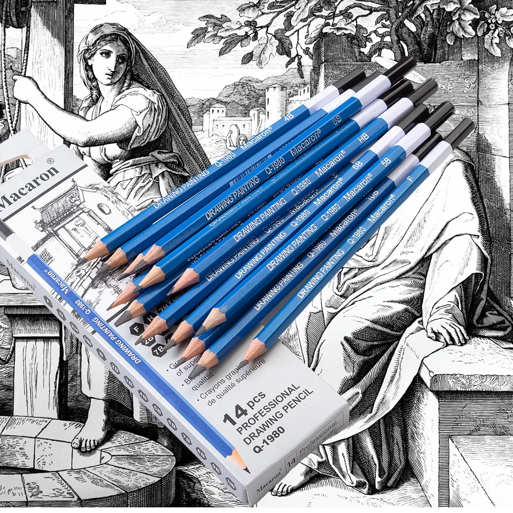 14Pcs Professional Sketch Charcoal Pencils Set 2H-10B for Artists Beginners Wooden Lead  Drawing and Sketching Art Supplies