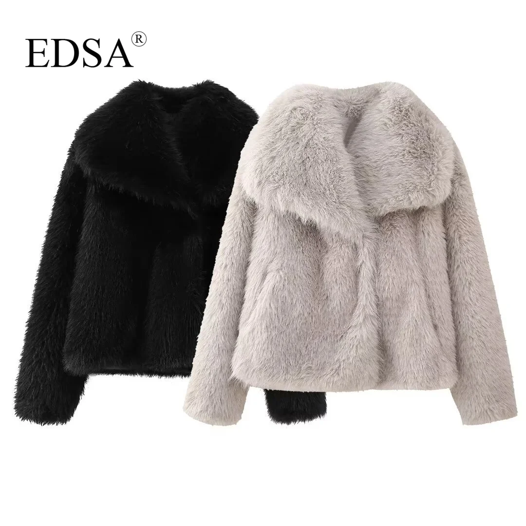 EDSA Women Fashion Faux Fur Jacket Vintage Turn-Down Collar Long Sleeve Coat Autumn Winter Woman Elegant Streetwear