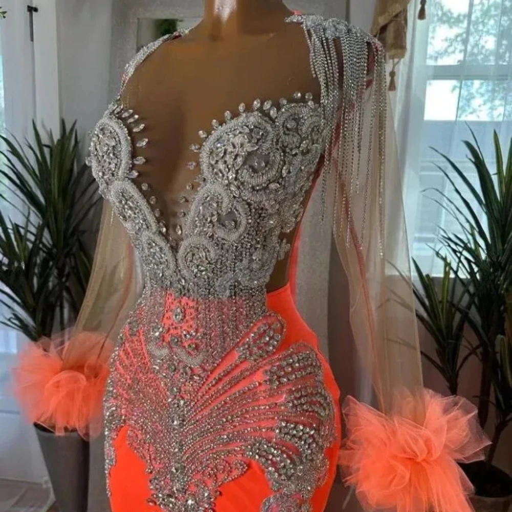 Vestidos de fiesta para niña, color naranja y negro brillante, sirena de lujo con cuentas de cristal y diamantes, manga larga, vestido Formal de
