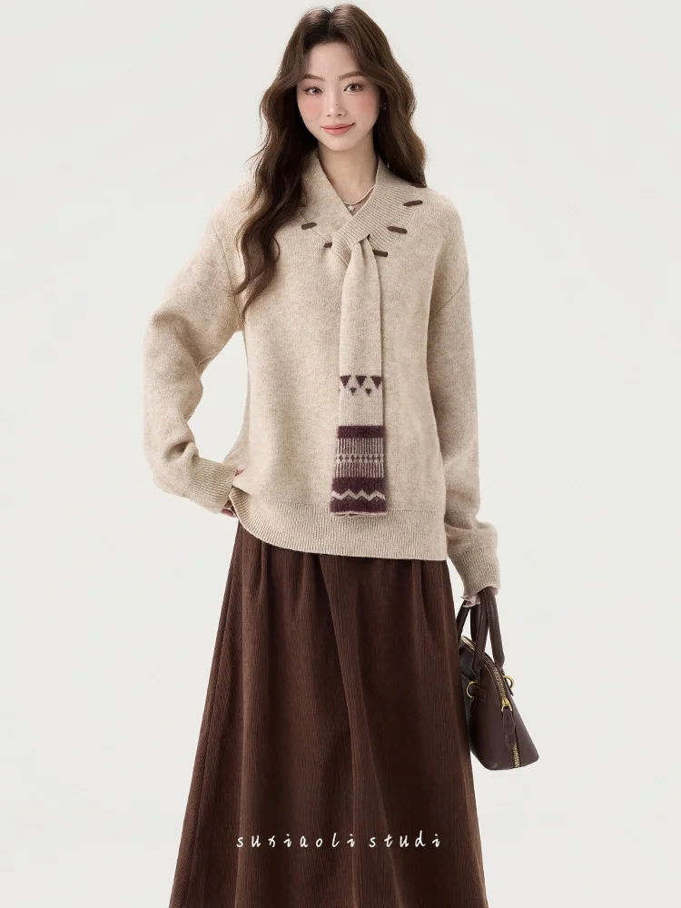 

Зимний модный комплект одежды в корейском студенческом стиле: свитер и юбка, женский комплект из двух предметов с V-образным вырезом и длинными рукавами