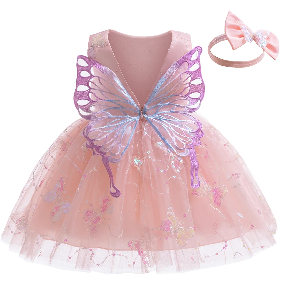 Toddler Girl Sequin Princess Dress with Hairband Elegant Butterfly Gowns Baby\'s Clothes Flower Girl Wedding First Commuion