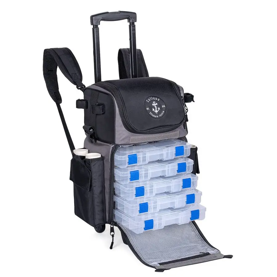 صندوق أدوات صيد السمك المتدحرج في الخارج مع عجلات، حقيبة ظهر صيد مقاومة للماء مع حامل قضيب وحقيبة تخزين دوارة #1