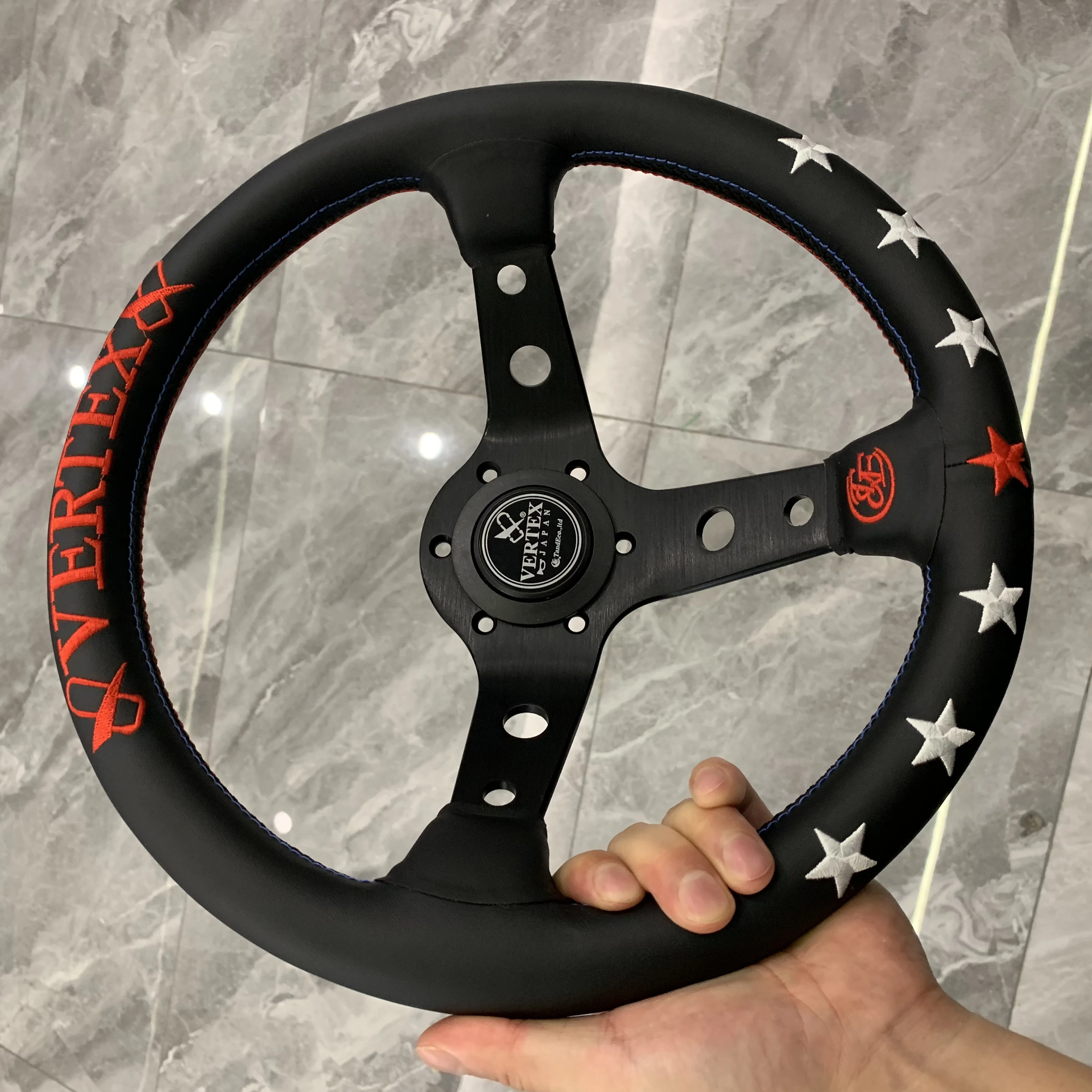 JDM VERTEX Steering Wheel 330mm Leather Embroidery For Toyota Mark X Reiz MR2 Drift Race Car BMW VW Honda