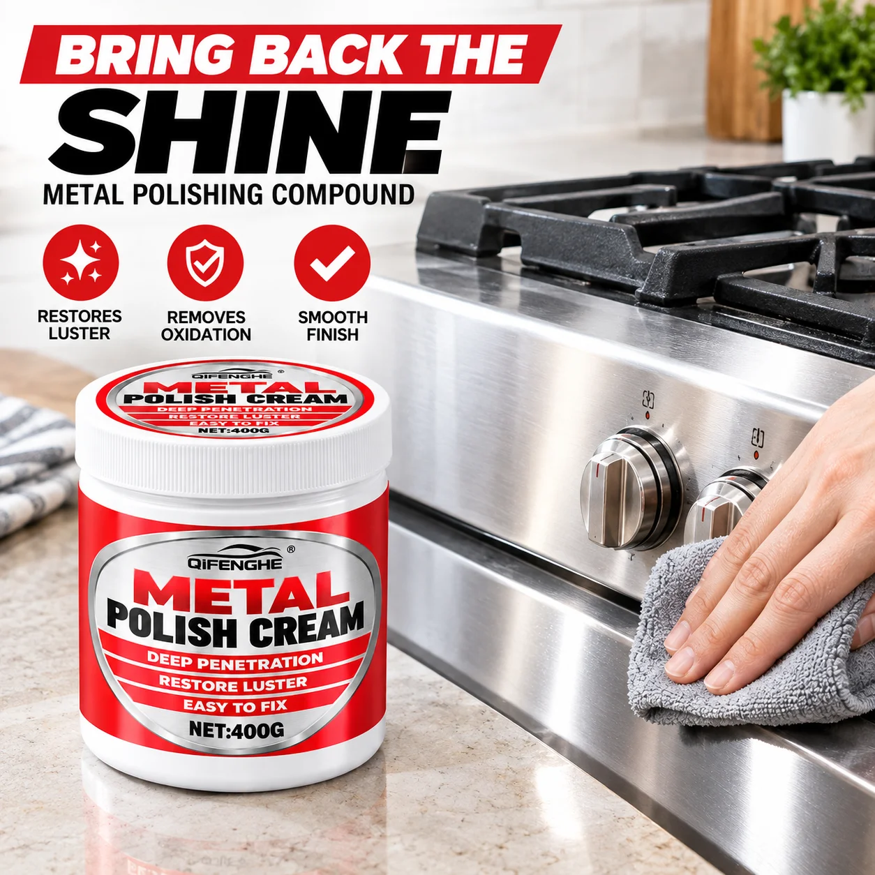 Professional Metal Polishing Paste, Multi-purpose Restoring Cream. For Kitchen Appliances, Ovens, Range Hoods, Stainless Steel &