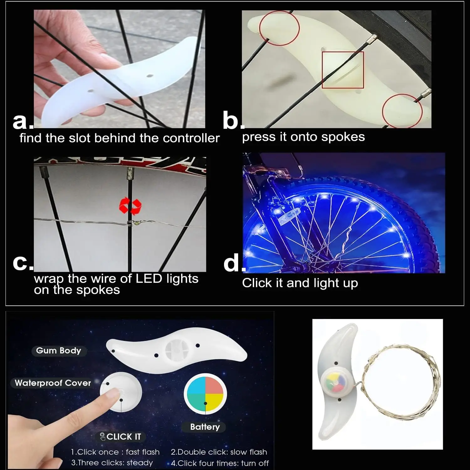 LED Bike Wheel Light, Night Cycling, IP65 Waterproof, 3 Lighting Modes, Universal Fit, Riding-Safe, Battery-Powered