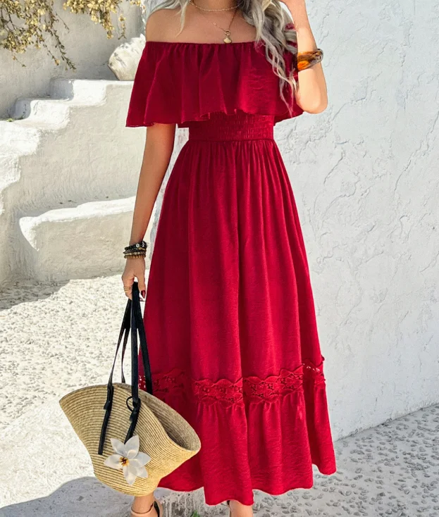 

Women's Dress 2025 Spring Summer Ruffled Short Sleeved Vacation Casual Oversized Swing Skirt One Shoulder Cinched Waist Dress