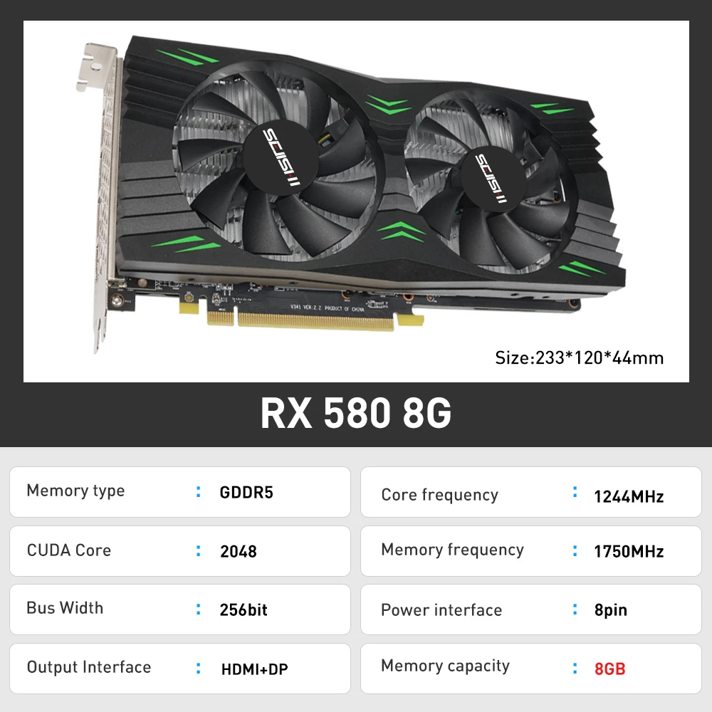 Carte vidéo blanche Radeon Mining Gaming, SJS, RX 580, 8G, 256 bits, 2048SP, GDDR5, AMD GPU, cartes de fouille, jas580