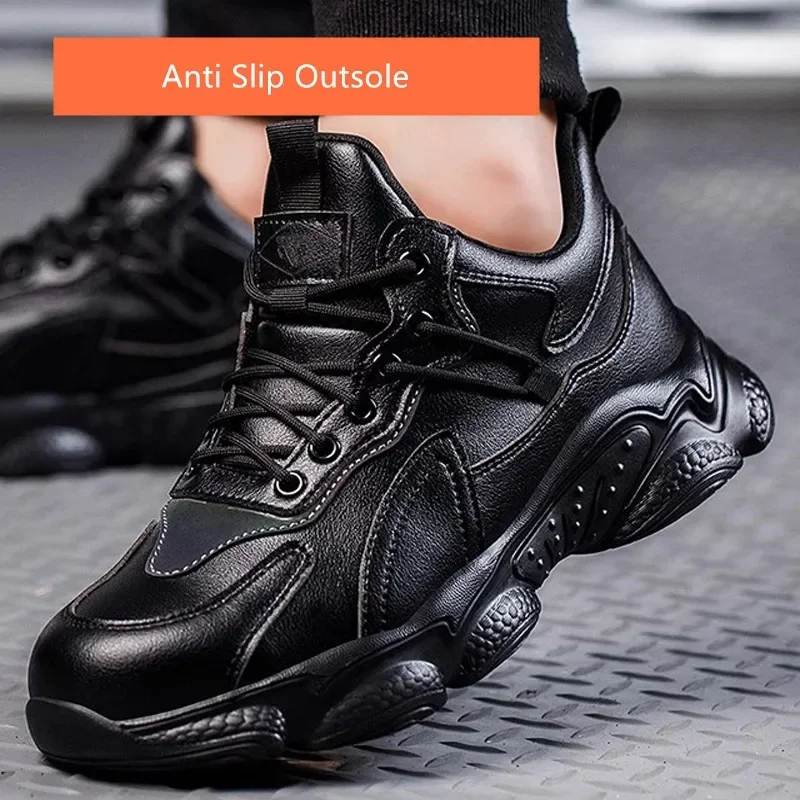 waterproof safety shoes puncture proof black PU leather work shoes anti smash anti stab work safety sneakers women men for work