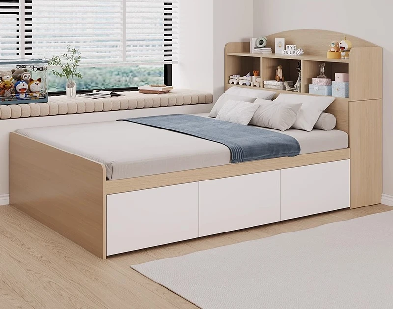 

Скандинавская односпальная кровать с высоким ящиком для хранения вещей, 1 метр, 2 прикроватные тумбочки с книжной полкой