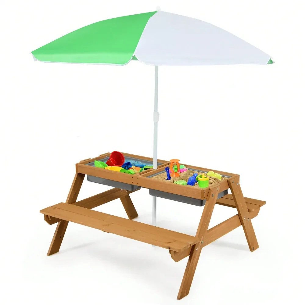 

Kids' Tables And Chairs Escritorio Para Niños3In1 Kids Picnic Table Wooden Outdoor Sand Water Table With Umbrella Play Boxes Nat