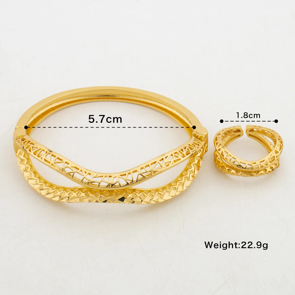 Ethiopian Gold Color Bangle Jewelry Set for Party Ladies Retro Design Hand Bracelet and Cocktail Ring 2Pcs Set for Brazilian